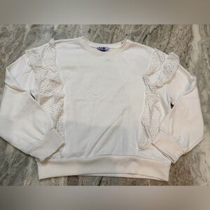 Vylette Ivory Lace Ruffle Sweatshirt XL | Eyelet Trim Pullover